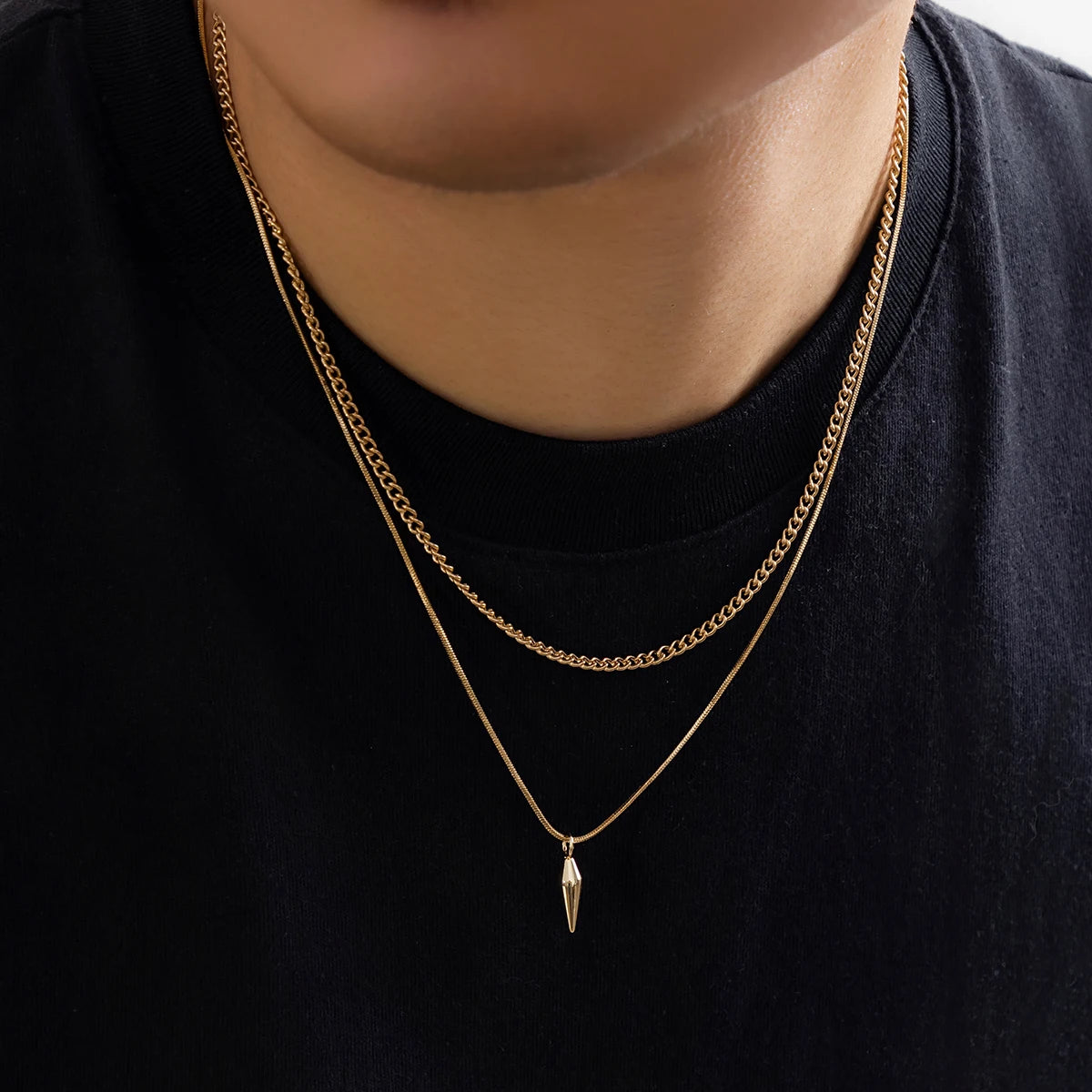 Men's Layered Cuban Link & Spike Pendant Necklace Set | Stainless Steel | Silver