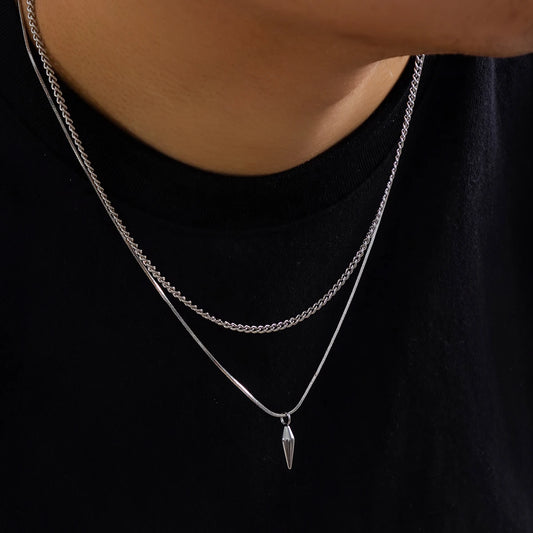 Men's Layered Cuban Link & Spike Pendant Necklace Set | Stainless Steel | Silver