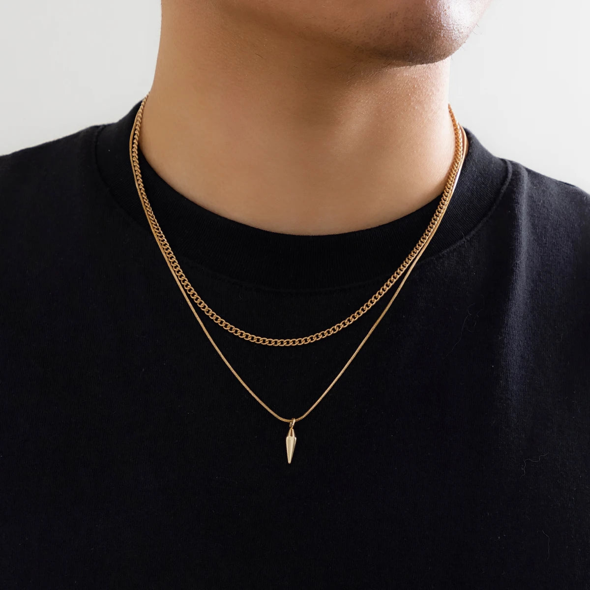 Men's Layered Cuban Link & Spike Pendant Necklace Set | Stainless Steel | Silver