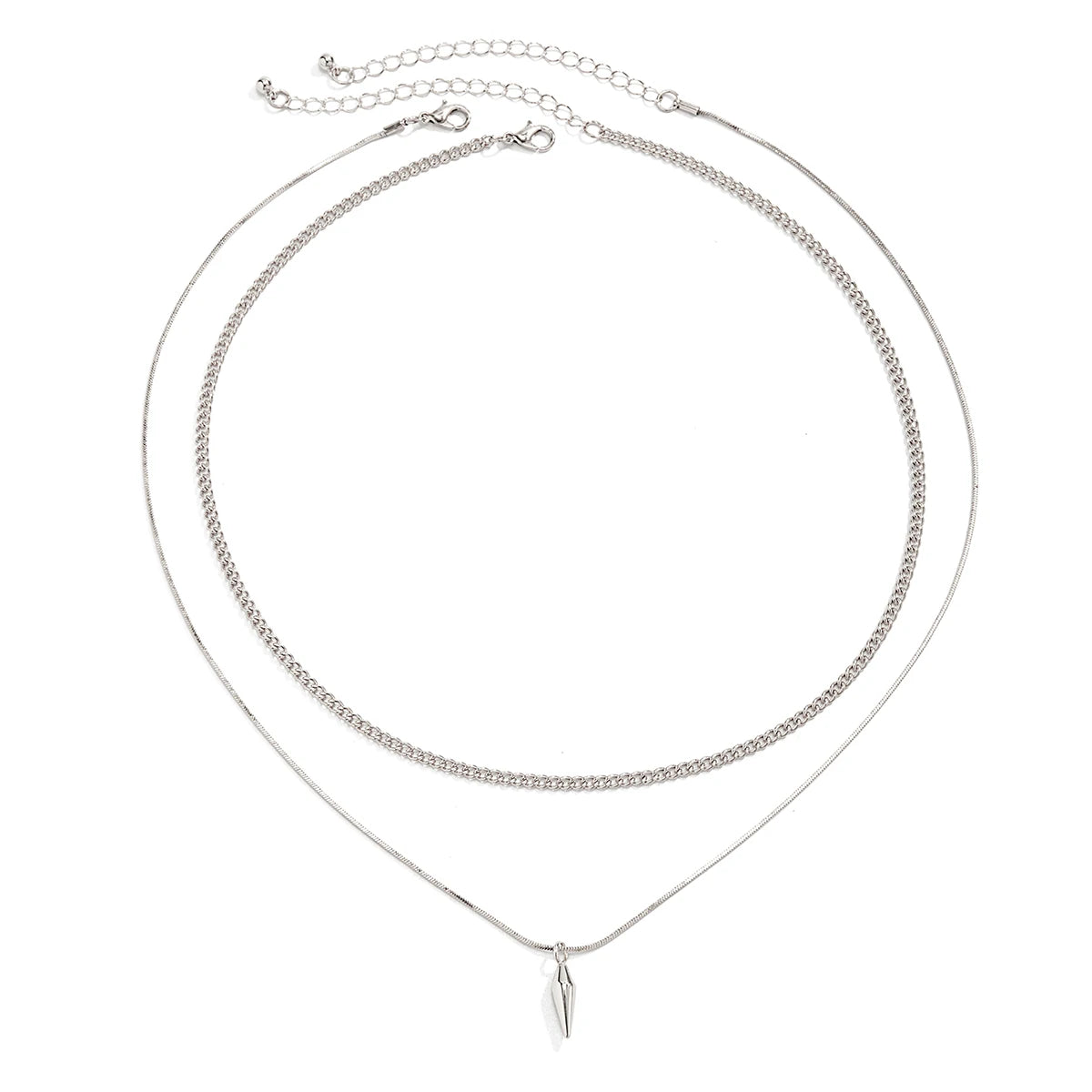 Men's Layered Cuban Link & Spike Pendant Necklace Set | Stainless Steel | Silver