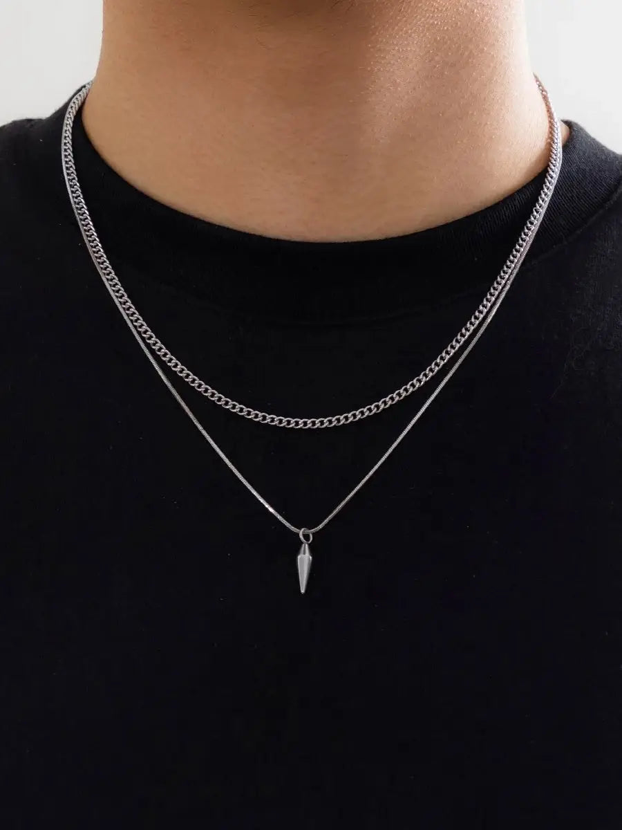 Men's Layered Cuban Link & Spike Pendant Necklace Set | Stainless Steel | Silver