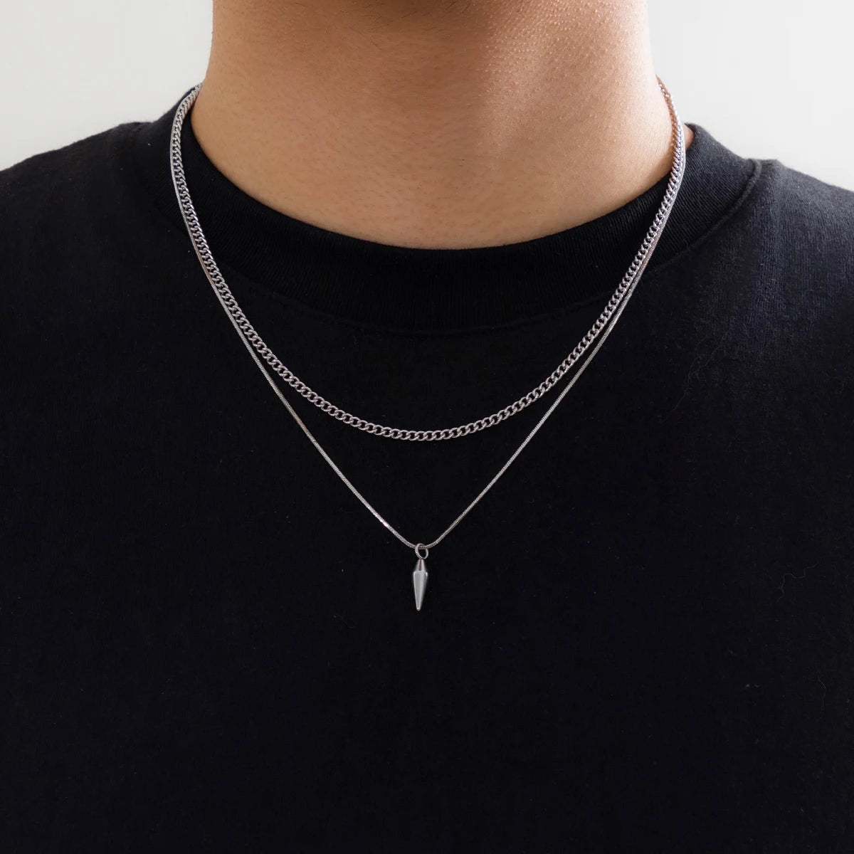Men's Layered Cuban Link & Spike Pendant Necklace Set | Stainless Steel | Silver