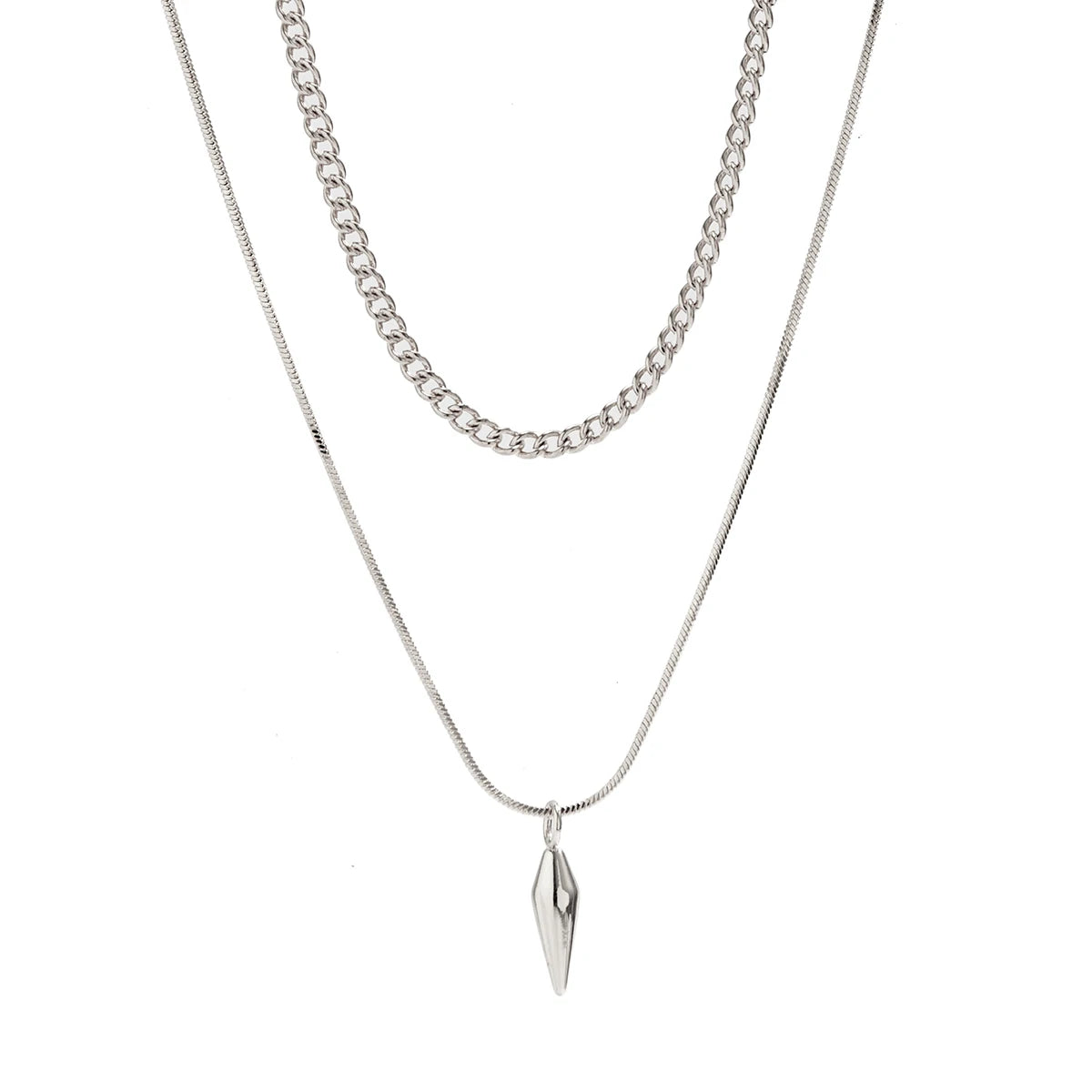 Men's Layered Cuban Link & Spike Pendant Necklace Set | Stainless Steel | Silver